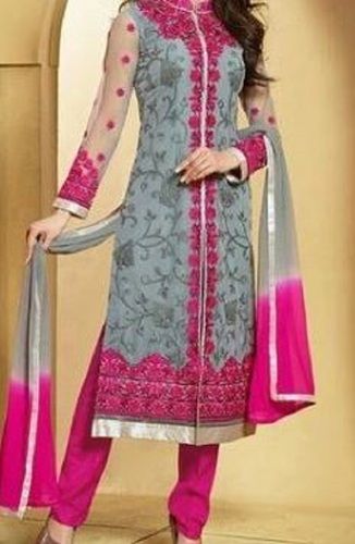 Pink And Grey Embroidered Full Sleeves Casual Wear Cotton Suit 