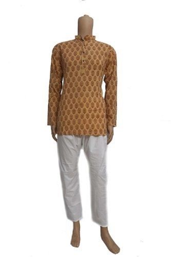 Brown Printed Pattern Breathable And Washable Short Kurta Pajama For 16 Above Men