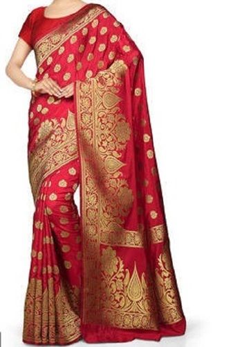 Plain 6 Meter Length Red And Golden Zari Work Traditional Wear Cotton Silk Women Saree