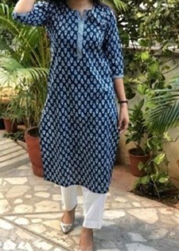 Blue Comfortable And Breathable Casual Wear Printed Cotton Ladies Kurti