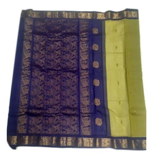 Sage Green Handwoven Gadwal Cotton Saree With Checks & Motifs in Zari Border