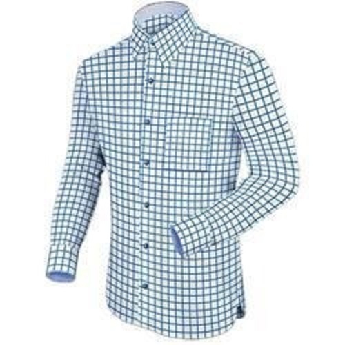 Cotton - Customized Size | Blue-White Check Pattern Breathable Anti-Wrinkle Long Sleeve Washable Classic Collar