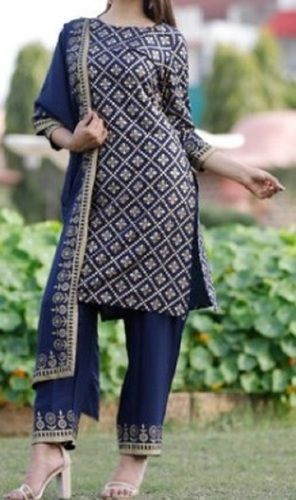 Navy Blue Color 3/4th Sleeves Comfortable And Embroidered Cotton Ladies Suit