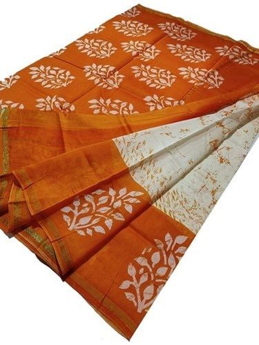 Traditional Breathable Designer Wear Modern And Trendy Printed Casual Wear Orange Cotton Silk Saree 