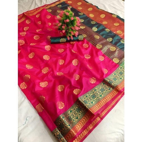 Pink Party Wear Comfortable And Breathable Stylish Printed Pure Banarasi Saree For Ladies