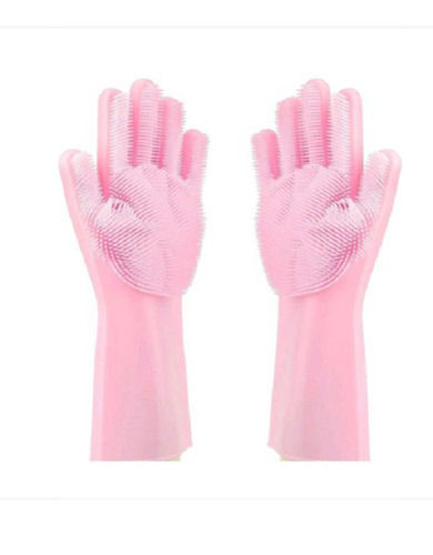 Pink 15 Inch Length Plain Pattern Full Fingered Silicon Gloves 