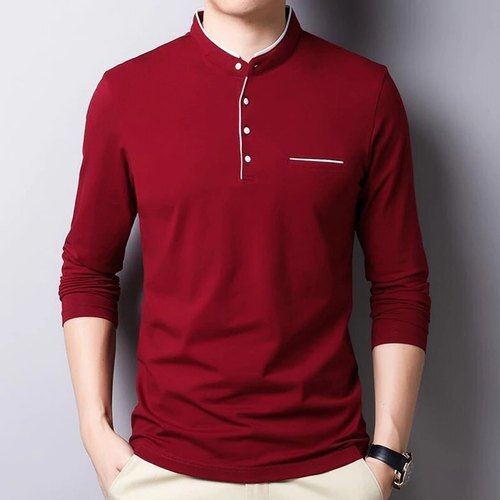Plain Red Long Sleeve Casual Cotton T-shirt For Men O-neck