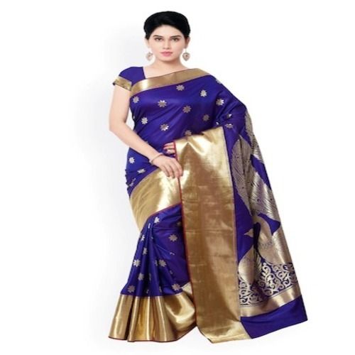 Party Wear Comfortable And Breathable Authentic Cotton Silk Blue Colored Saree For Women