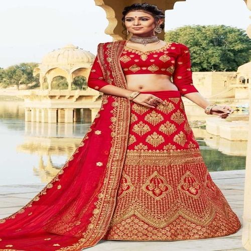 Comfortable And Breathable Red And Golden Wedding Wear Fancy Lehenga 