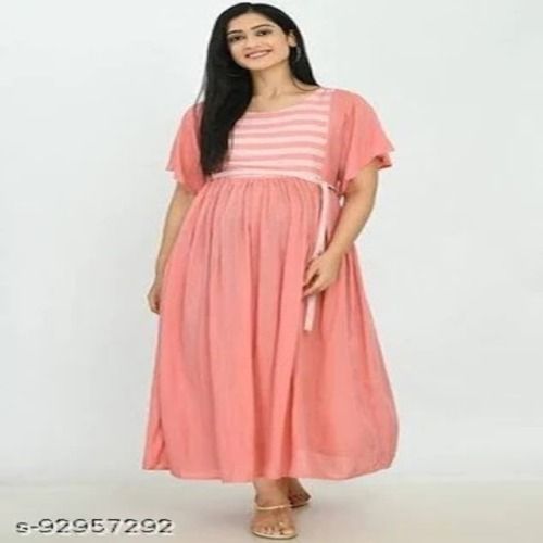Comfortable Pink Colored Printed Mid Length Cotton Ladies Maternity Dress 