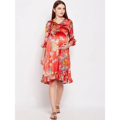 Satin Comfortable Red Colored Floral Printed Mid Length Cotton Maternity Dress