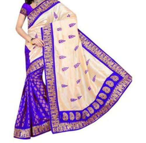 Party Wear Comfortable And Washable Beige And Blue Printed Cotton Silk Saree With Blouse