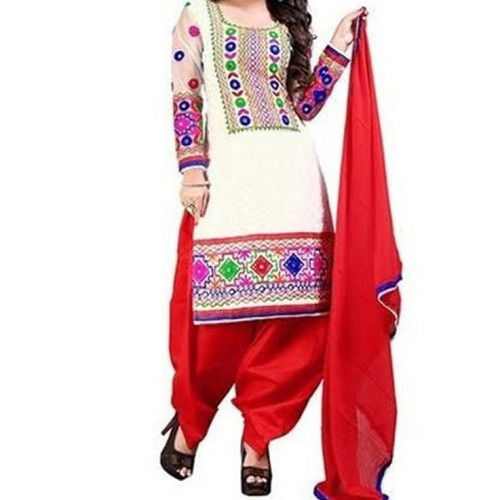 Indian Washable And Breathable Embroidered Cotton Fabric Full Sleeves Patiala Suit