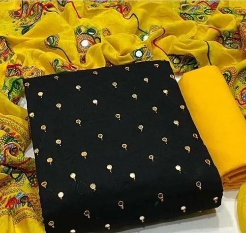Yellow And Black Mirror Work Party Wear With Dupatta Unstitched Ladies Suit 
