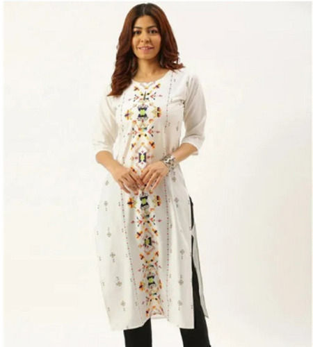 White Printed With Half Sleeves Breathable And Comfortable Ladies Cotton Kurtis  Length: 38 Inch (In)