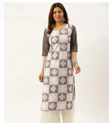 सांस लेने योग्य सफेद और ग्रे आधुनिक डिज़ाइन हाफ स्लीव लेडीज़ कॉटन कुर्ती के साथ