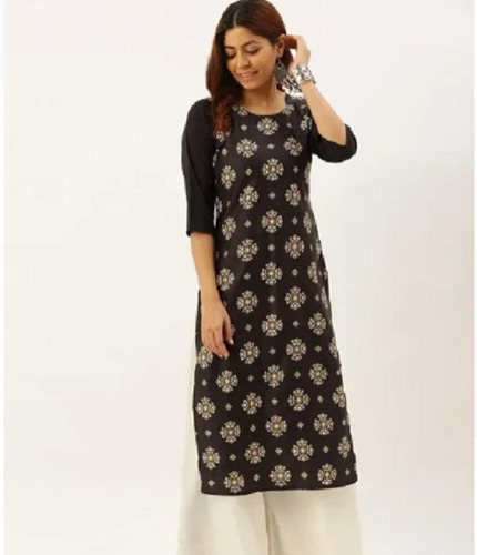 रोजाना पहनने के लिए हाफ स्लीव्स के साथ ब्रेथेबल ब्लैक प्रिंटेड लेडीज़ कॉटन कुर्ती