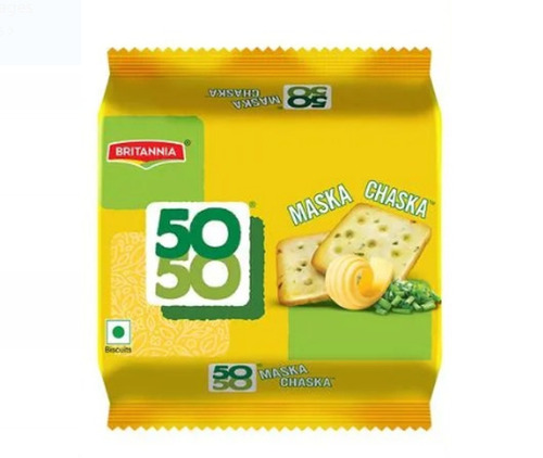 100% शाकाहारी स्क्वायर क्रिस्पी और बेक किया हुआ नमकीन स्वाद ब्रिटानिया 50-50 बिस्किट वसा सामग्री (%): 10 ग्राम (जी)