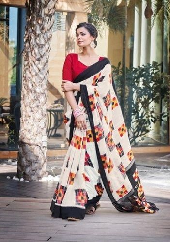 Cotton Silk Breathable And Comfortable Plain Printed White Saree For Ladies Daily Wear