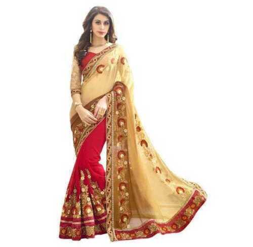 Res And Yellow Designer Embroidery Fancy Comfortable Party Wear Georgette Ladies Saree