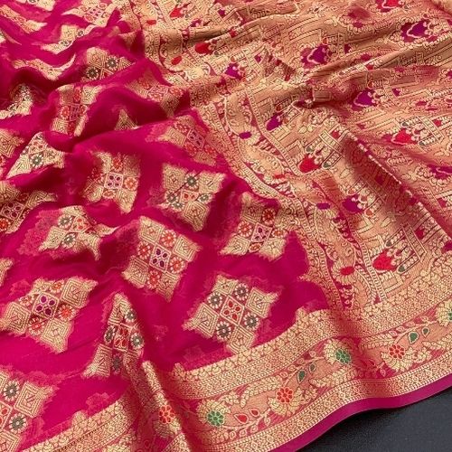 Ladies Sarees In Cotton Silk Fabric And Pink Color For Party Wear Occasion