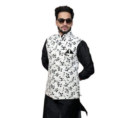 Men's Party Wear Black And White Silk Kurta Pajama And Nehru Jacket Set