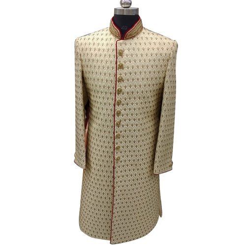 Summer Men'S Traditional Golden Embroidered Wedding Wear Designer Silk Sherwani