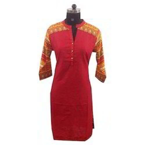 Breathable Red Round Neck Full Sleeve Simple Elegant And Stylish Look Cotton Kurtis 