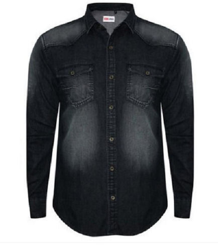 Black Casual Wear Short Sleeves Straight Collar Plain Denim Shirt Gender: Male