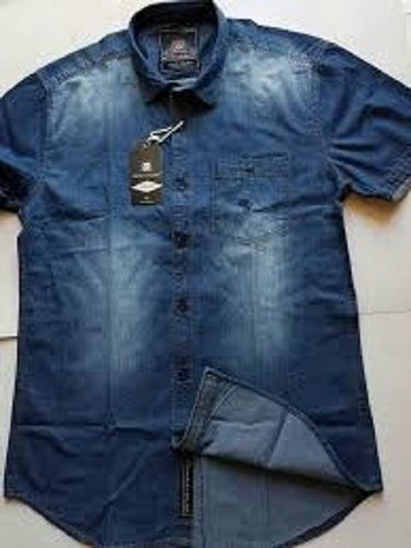 Blue Casual Wear Short Sleeves Straight Collar Plain Denim T Shirt Gender: Male