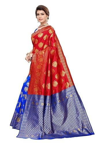 Party Wear 100% Pure Navy Blue And Red Art Silk Fancy Banarasi Traditional Women Saree