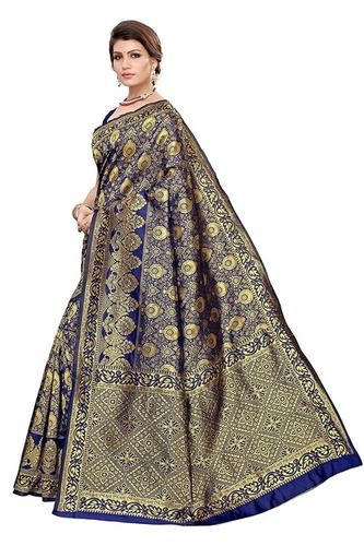 Embroidered 100% Pure Silk Navy Blue With Gold Design Banarasi Traditional Women Saree