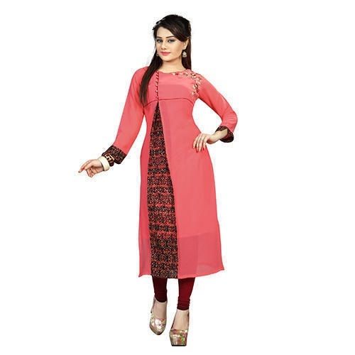 Pink Women Comfortable And Breathable Round Neck Long Sleeves Casual Kurti 