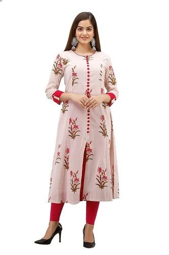 White Women Comfortable And Breathable Round Neck Long Sleeves Ladies Printed Kurti 