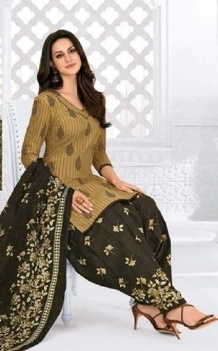 Black And Brown V Neck Full Sleeves Printed Ladies Cotton Suit