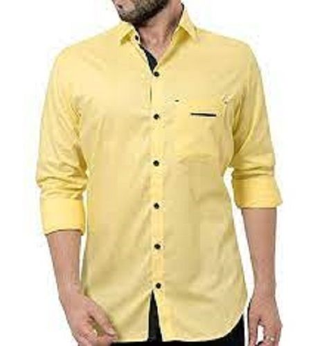 Breathable Casual Cotton Plain Full Sleeves Button Neck Summer Yellow Shirt