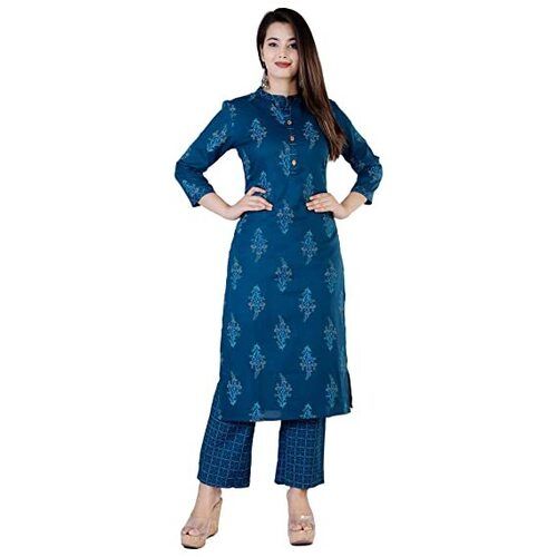 Blue Casual Wear 3/4Th Sleeves With Printed Pattern Rayon Kurti For Women