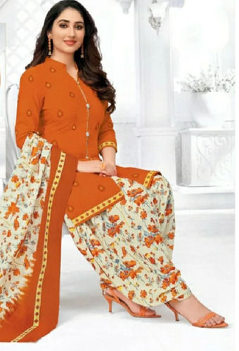 Comfortable And Washable Orange Floral Printed Casual Wear Ladies Cotton Suit  Decoration Material: Paint