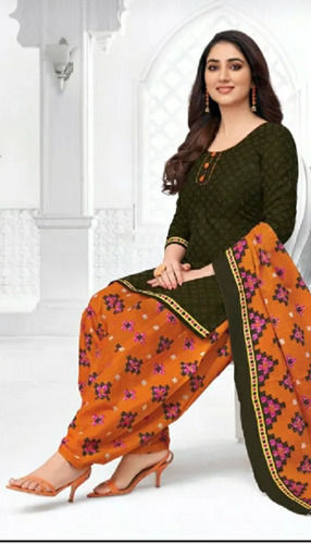 Green And Orange Round Neck Breathable With Full Sleeves Ladies Cotton Suit