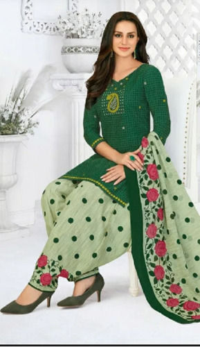 Green V Neck Comfortable Full Sleeves Printed Ladies Cotton Suit With Dupatta