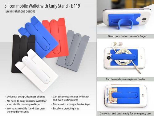 Silicone Mobile Wallet - 9.6x5.8x0.4 cm, Black/White/Blue/Red/Gray | Universal Design, Mobile Stand, Earphone Holder, Strong Adhesive Tape, Excellent Branding Area