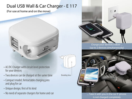 Wall And Car Charger - 5.9 x 6.1 x 4 cm | AC/DC Charger with Circuit Level Protection, Dual Charging Ports, Retractable Pins, Unique Design