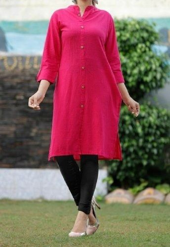 Satin Pink Color Comfortable And Stylist Designer Casual Wear Ladies Cotton Kurtis