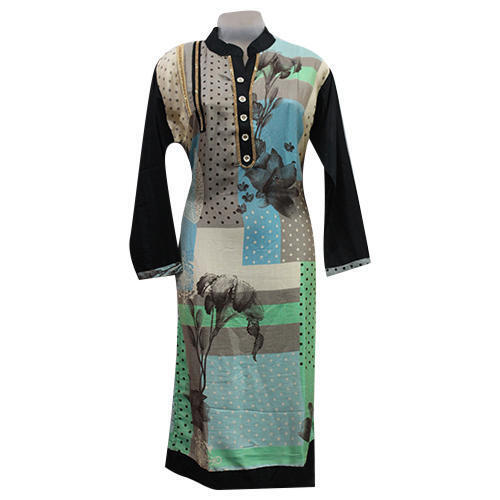 Multicolor Straight Stitched With Modern And Attractive Designs Printed Long Sleeve Ladies Kurti 