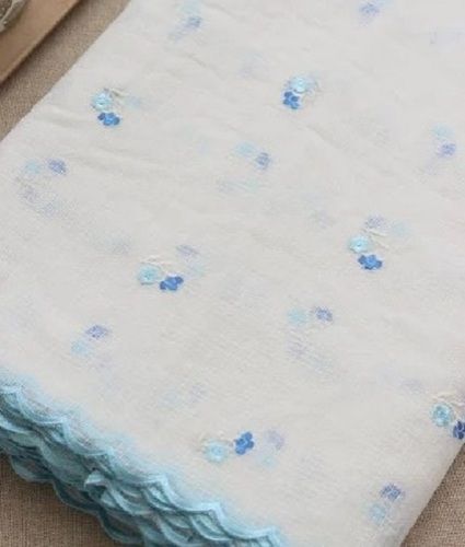 Width 35 Inch White And Blue Embroidered Pure Cotton Fabric For Garments