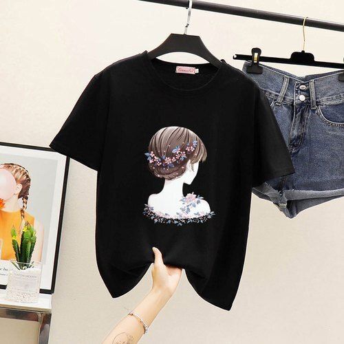 Cotton Half Sleeve Breathable Skin Friendly Easy To Wear Black Cute Printed T Shirt For Ladies 