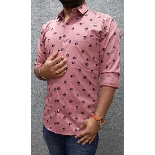 Mens Plain Round Neck Short Sleelve Casual Wear Regular Fit Pink Cotton Shirt