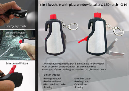 6 in 1 Keychain with Glass Window Breaker and LED Torch