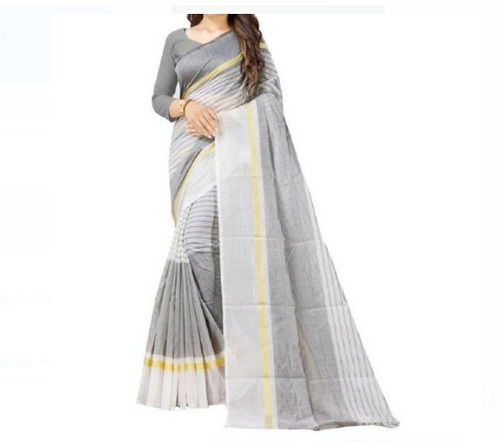 Knitted White And Grey Cotton Silk Saree With Blouse Piece For Ladies Daily Wear 