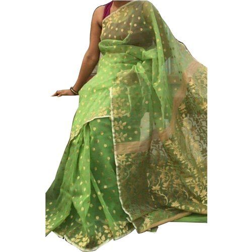 Summer Party Wear Printed Green And Golden Border Handloom Cotton Saree